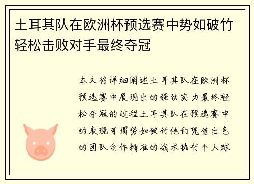 土耳其队在欧洲杯预选赛中势如破竹轻松击败对手最终夺冠