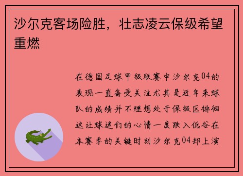 沙尔克客场险胜，壮志凌云保级希望重燃