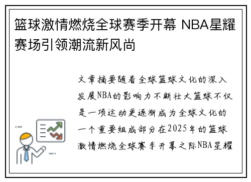 篮球激情燃烧全球赛季开幕 NBA星耀赛场引领潮流新风尚