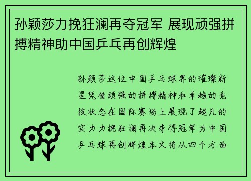孙颖莎力挽狂澜再夺冠军 展现顽强拼搏精神助中国乒乓再创辉煌