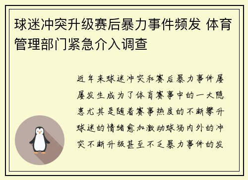 球迷冲突升级赛后暴力事件频发 体育管理部门紧急介入调查
